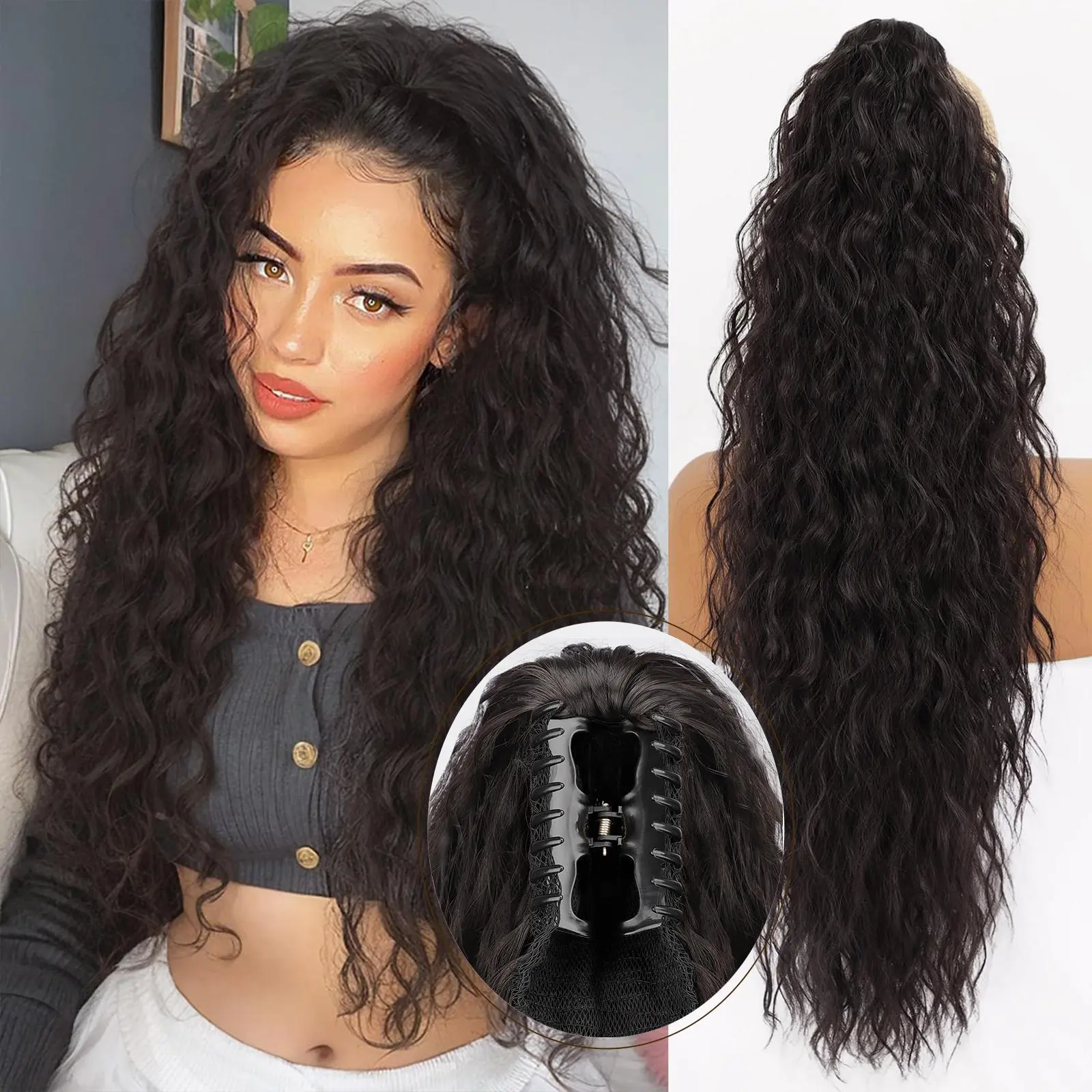 HIUSVO Ponytail Extension Claw 30 Inch Curly Pony Tail Clip in Claw Hair Extensions Fluffy Natural Looking Synthetic Hairpiece for Women