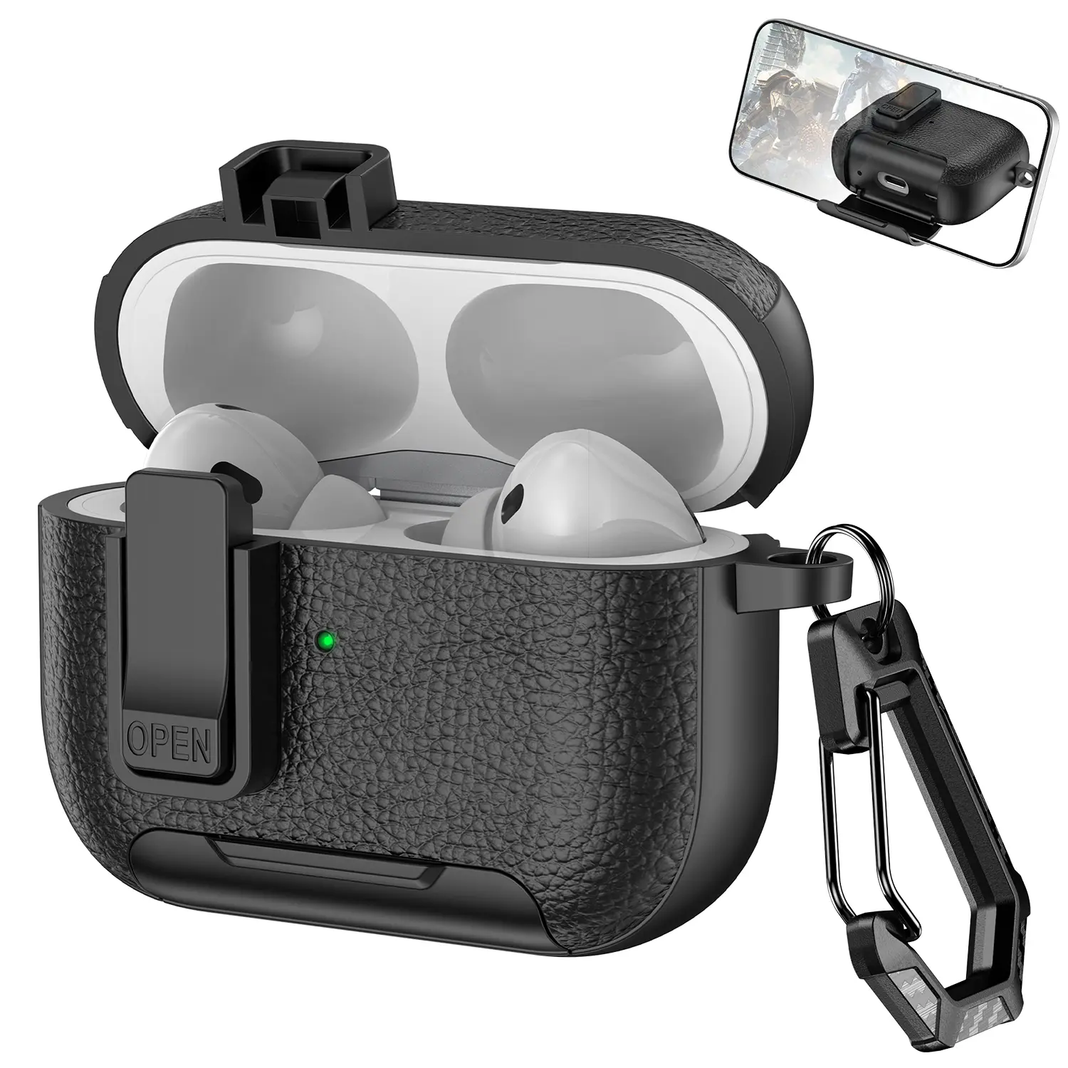 Rugged Armor Shockproof TPU Hard Shell Cover for 1/2/3/4th Gen & Pro Wireless Audio Headphones, Magnetic Automatic Lock, Dustproof Silicone Case, Detachable Handheld Keychain Clip, Qi-Charging Port Access (Mother’s Day Gift for Women)