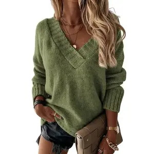 Womens Loose Sweaters Sexy V Neck Long Sleeve Solid Knitted Jumper Pullover Sweatshirt Tops