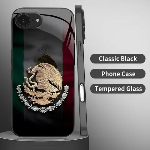 Mexico Flag & Eagle Emblem Art Smartphone Case for iPhone 16e, 2D Pattern Glossy Glass Feel Patriotic Shockproof Casing, Handheld Cellphone Devices Cover, Cool Valentine’s Gift 952