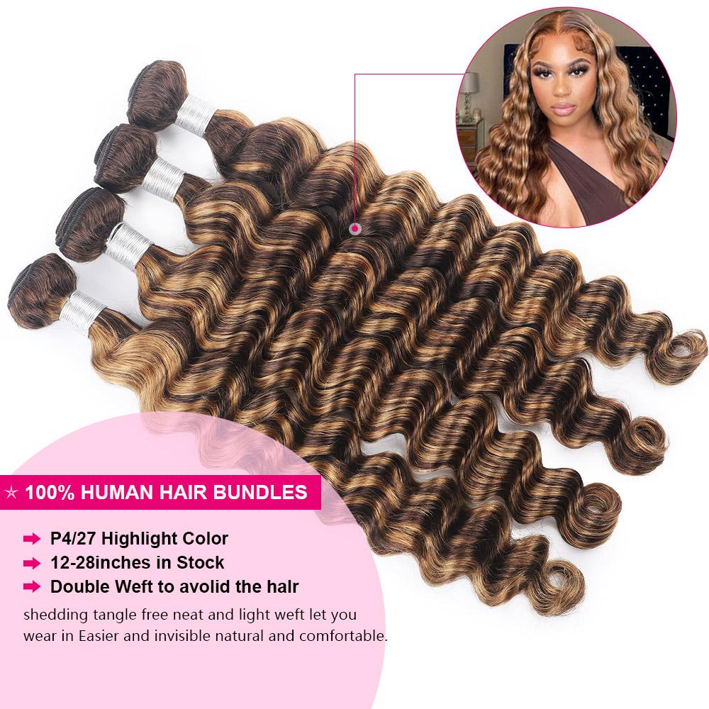 Honey Blonde Highlight Sew In P4/27 Human Hair Bundles Loose Deep Wave Hair Bundles Ombre Brown Bundles for Quick Weave Honey Blonde Highlight Sew In P4/27 Human Hair Bundles Loose Deep Wave Hair Bundles Ombre Brown Bundles for Quick Weave