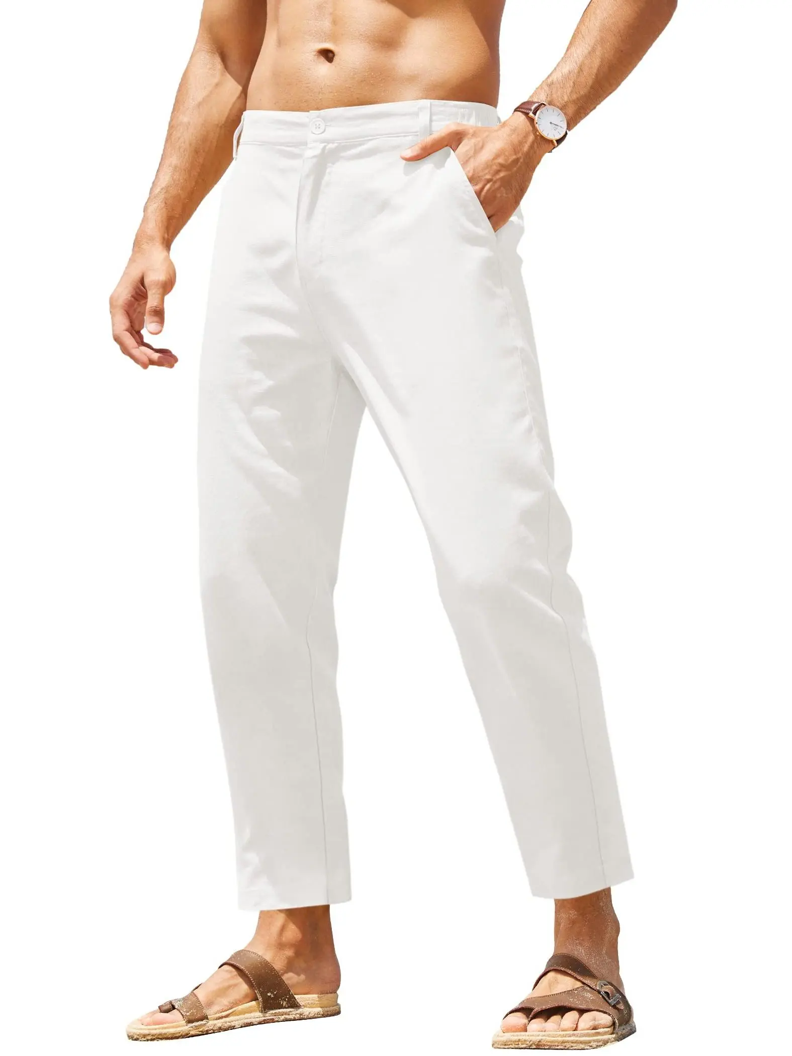 COOFANDY B Men's Cotton Linen Pants Elastic Waist Lightweight Casual Pants Relaxed Fit Yoga Beach Pants with Pockets