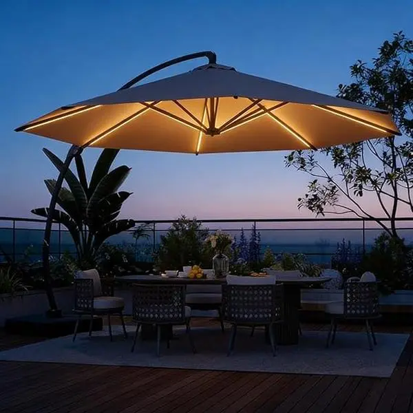 Aoxun 11 FT Offset Cantilever Patio Umbrella with Base, LED Strip Lights, 360° Rotation, Windproof Heavy-Duty Aluminum Outdoor Umbrella for Pool, Garden,summerwins,outdoorfurnitureset, Led Light Strips, 11Ft Full Cover, Led Lights, Sturdy