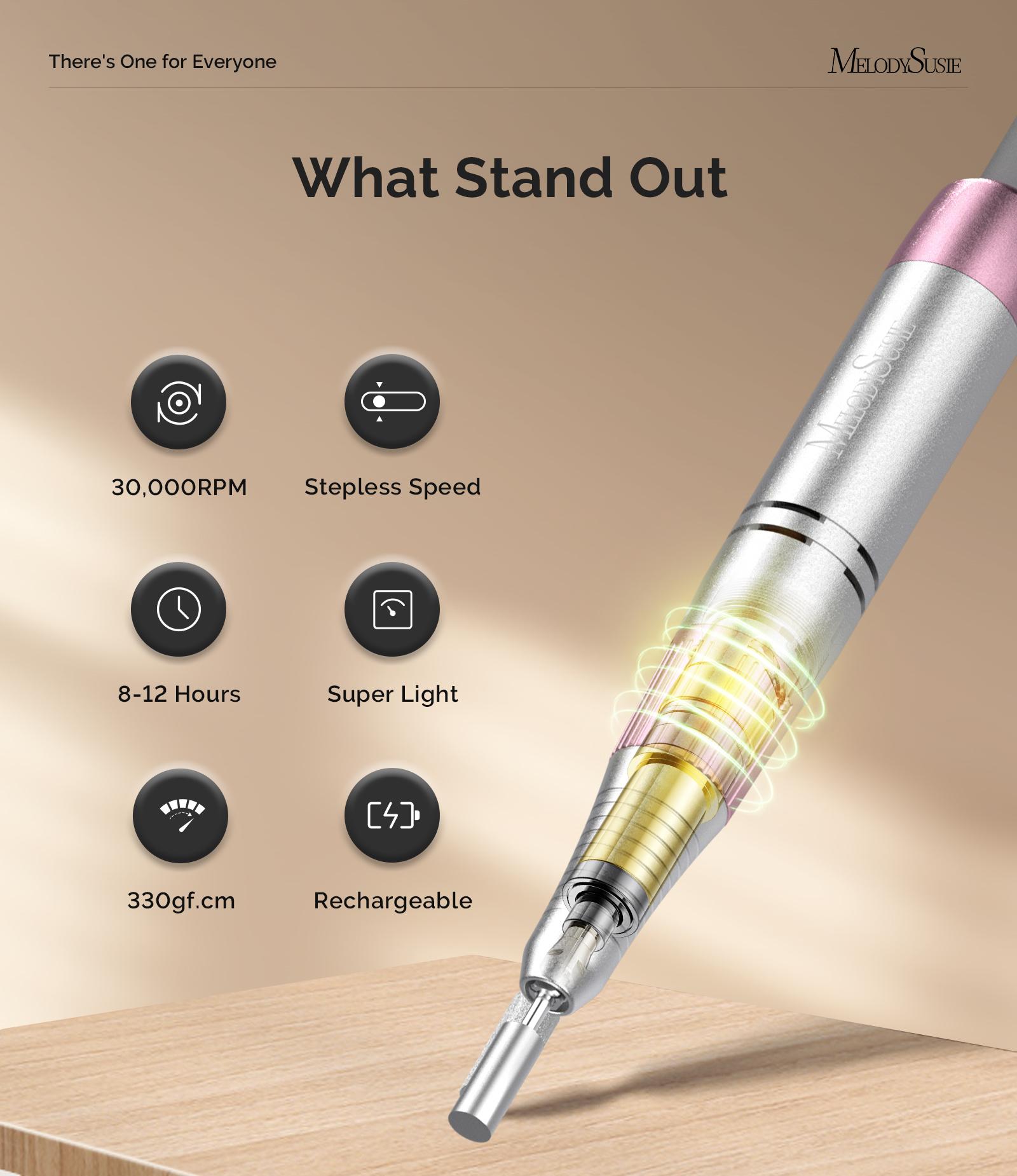 MelodySusie Nail Drill SC330G, SM330G, MB420G Professional Rechargeable Electric Nail File for Acrylic Nails Gel Polishing Removing Manicure