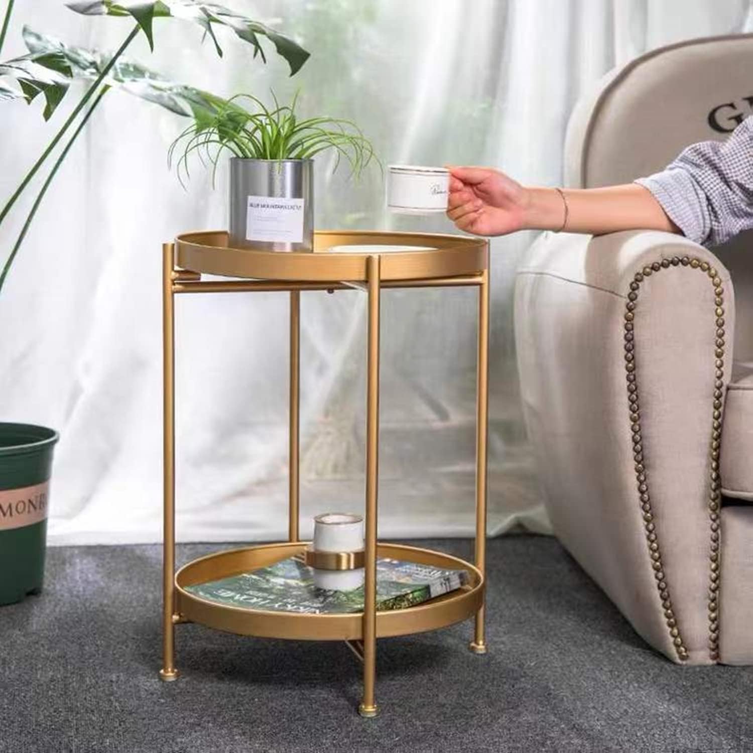 Adeco Side Table 2-Tier Metal Round End Table with Removable Tray
