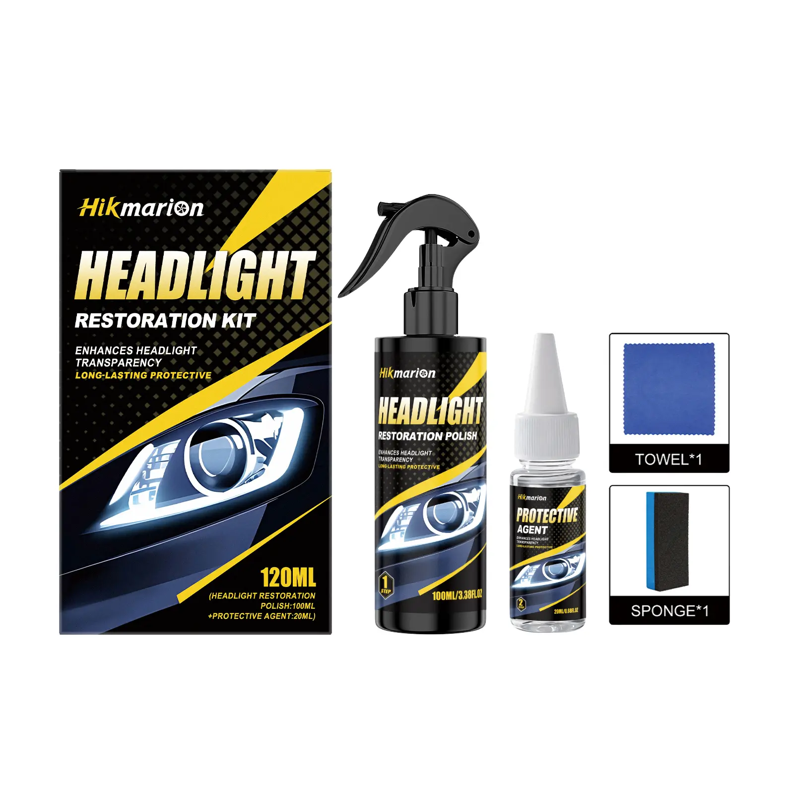 Hikmarion Car Headlight Cleaning Kit Set - Polymer Blend Formula Spray + Wipe, Removes Haze, Fixes Yellowish/Blurry Lighting, Restores Clarity, Protects Surface, Delivers Clean Finish