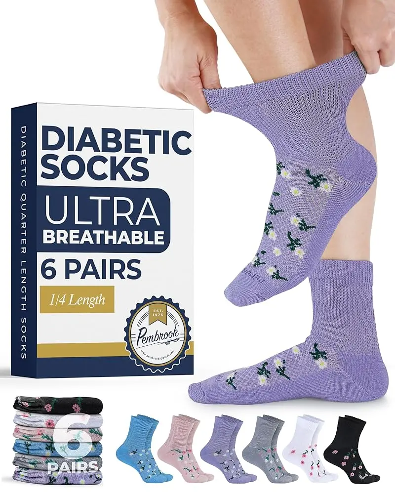 PEMBROOK Women's Diabetic Socks, 6-Pack Floral Ankle Socks in Breathable Knit with Non-Binding Top & Smooth Toe for Neuropathy, Breathable Knit Socks