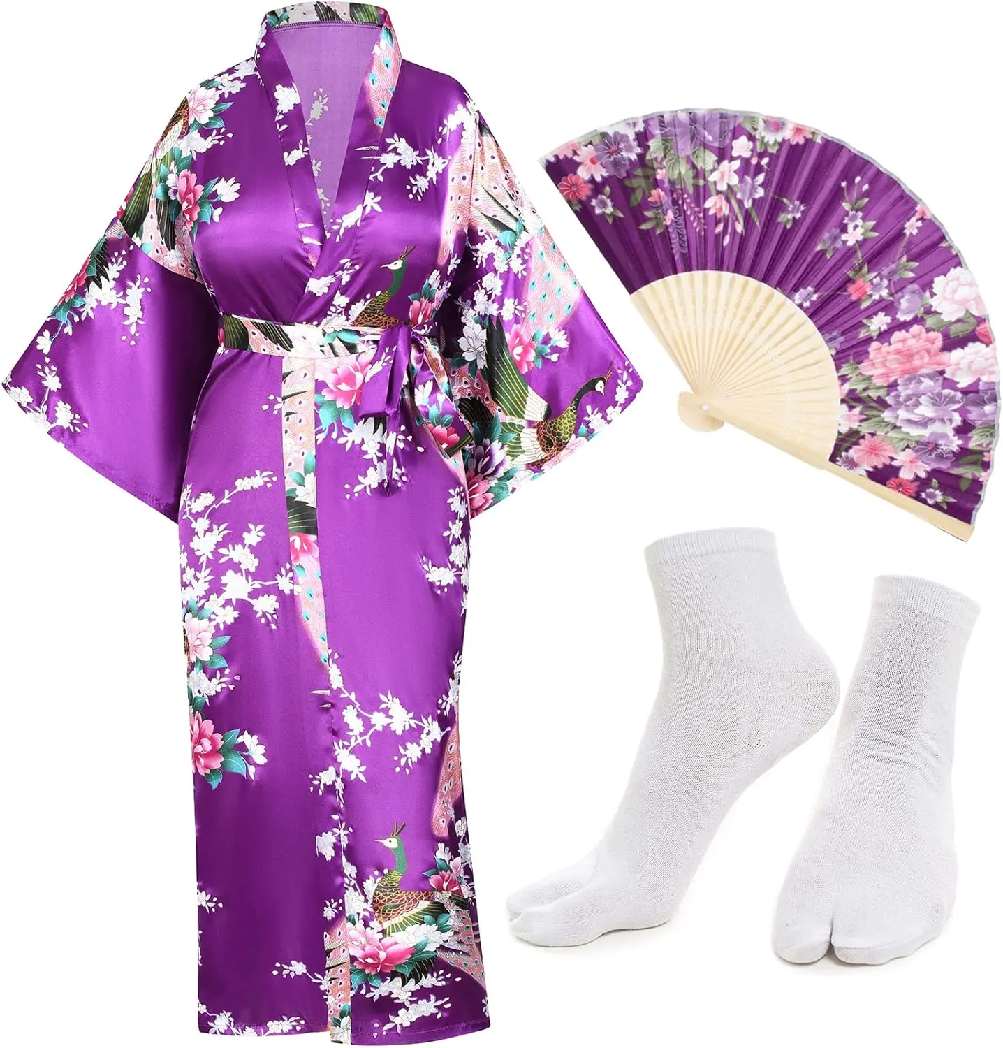 Women's Japanese Bridal Loungewear Nightwear Set - Heone Satin Peacock Print Lightweight Kimono Cardigan Shawl Yukata Cloak Bathrobe, Folding Fans, Tabi Socks