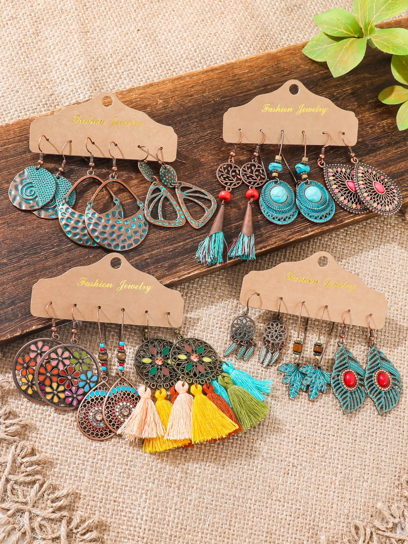 Boho Vintage Dangle Earrings Set for Women, Fashion Boho Ethnic Fringe Earrings, Hollow Bronze Teardrop Leaf Jewelry, Valentine's Day Gift
