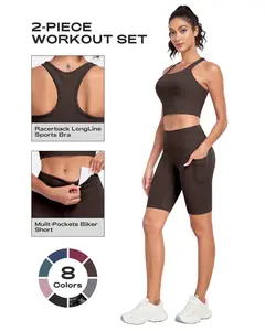 [2026 Upgraded Thickened Fabric] New Series Women's Two-Piece Athletic Set: Racerback Longline Sports Bra and Butt-Lifting Cycling Shorts. Women's Yoga, Fitness, Running, and Training Sportswear. Suitable for Summer and Autumn.