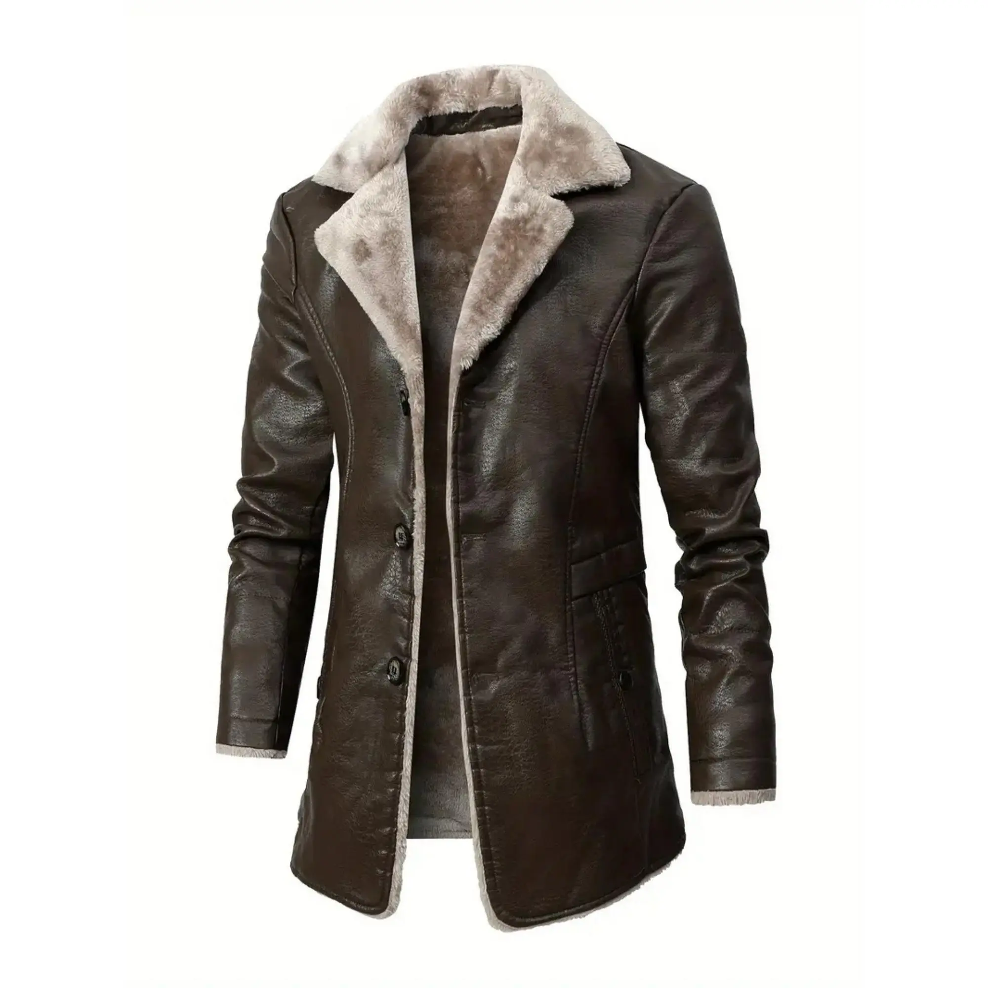 Men's Casual Warm PU Leather Jacket Chic Fleece Lined Blazer Biker Coat for Autumn Winter Business Beige Coats