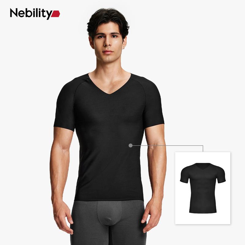 Nebility Mens Invisible Shaping Compression T-Shirt – V-Neck, Quick-Dry, Stretchy Short Sleeve with a Slim-Fit, Smooth Look Under Any Outfit