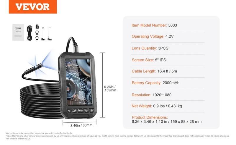 VEVOR Endoscope Camera with Light,  Triple Lens Borescope with 49.2FT Semi-Rigid Cable, 5" Screen 1080P Inspection Camera, 8 + 2 LED Lights, IP67 Waterproof Snake Camera for Auto, Plumbing (32GB Card)
