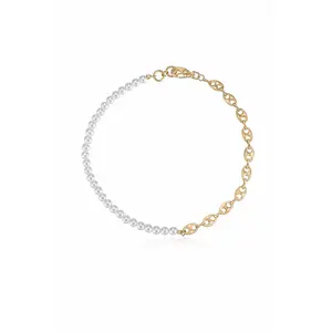 Ettika Pearl and Modern Chain Link Collar Necklace 18kt Gold Plated with Acrylic Pearls 15 Inches for Adults