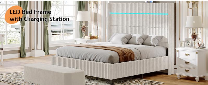 AMERLIFE Bed Frame with LED Lights Charging Station, Corduroy Upholstered Platform Bed Frame with 60" Tall Wingback Headboard/No Box Spring Needed,Best Gift Ideas/Christmas Gifts