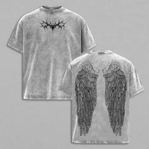 Men's 100% Soft Cotton Washed Vintage Graphic Tshirt - Gothic Wing Urban Garment, Oversized Grunge Streetwear, Anime-Inspired Dark Aesthetic Casual Round Neck Menswear Top