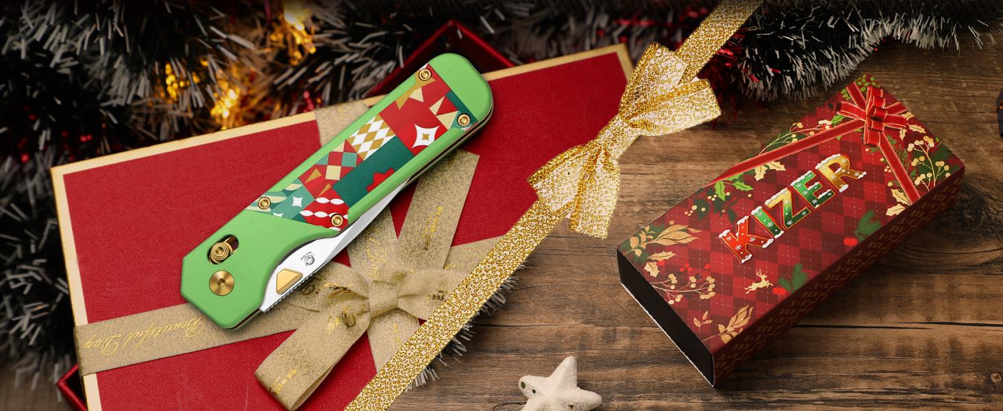 Kizer Christmas Exclusive Edition S45VN Aluminum & G10 Ki3634MC1, V3634MC1 with Nitro-V & G10 & Mkuruti Wood, X'mas Green, Men Gift xmas holiday surprise gift