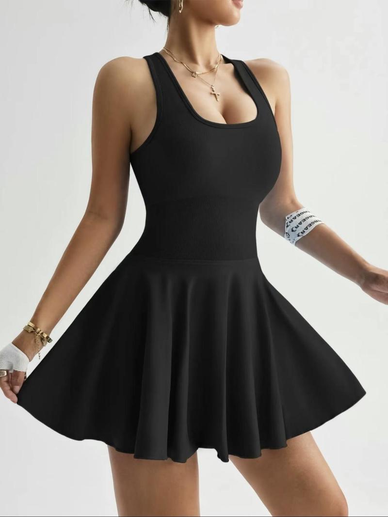 Women's Sleeveless Red Dress with Pockets High Stretch Polyester Sporty Flared Skirt Machine Washable Yoga Tennis Dress Casual Summer Athletic Outfit for Women