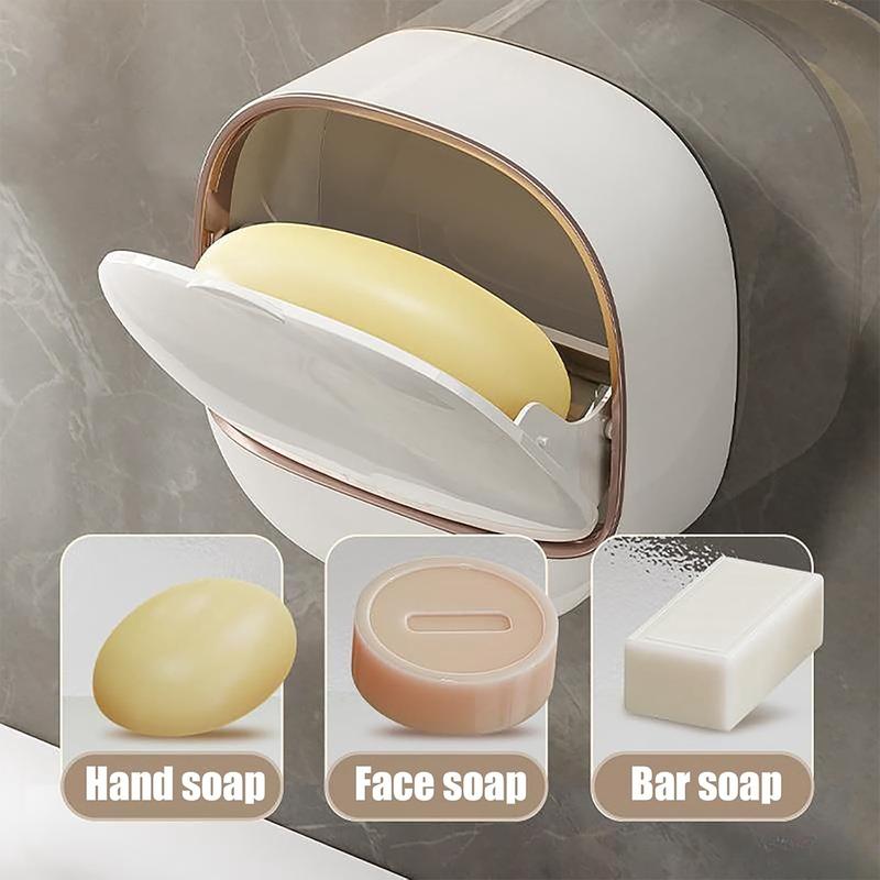 Wall Mounted Shower Soap Dish with Flip Cover - White Antibacterial Waterproof Self-Draining Soap Saver, Bathroom Shower Storage Essentials