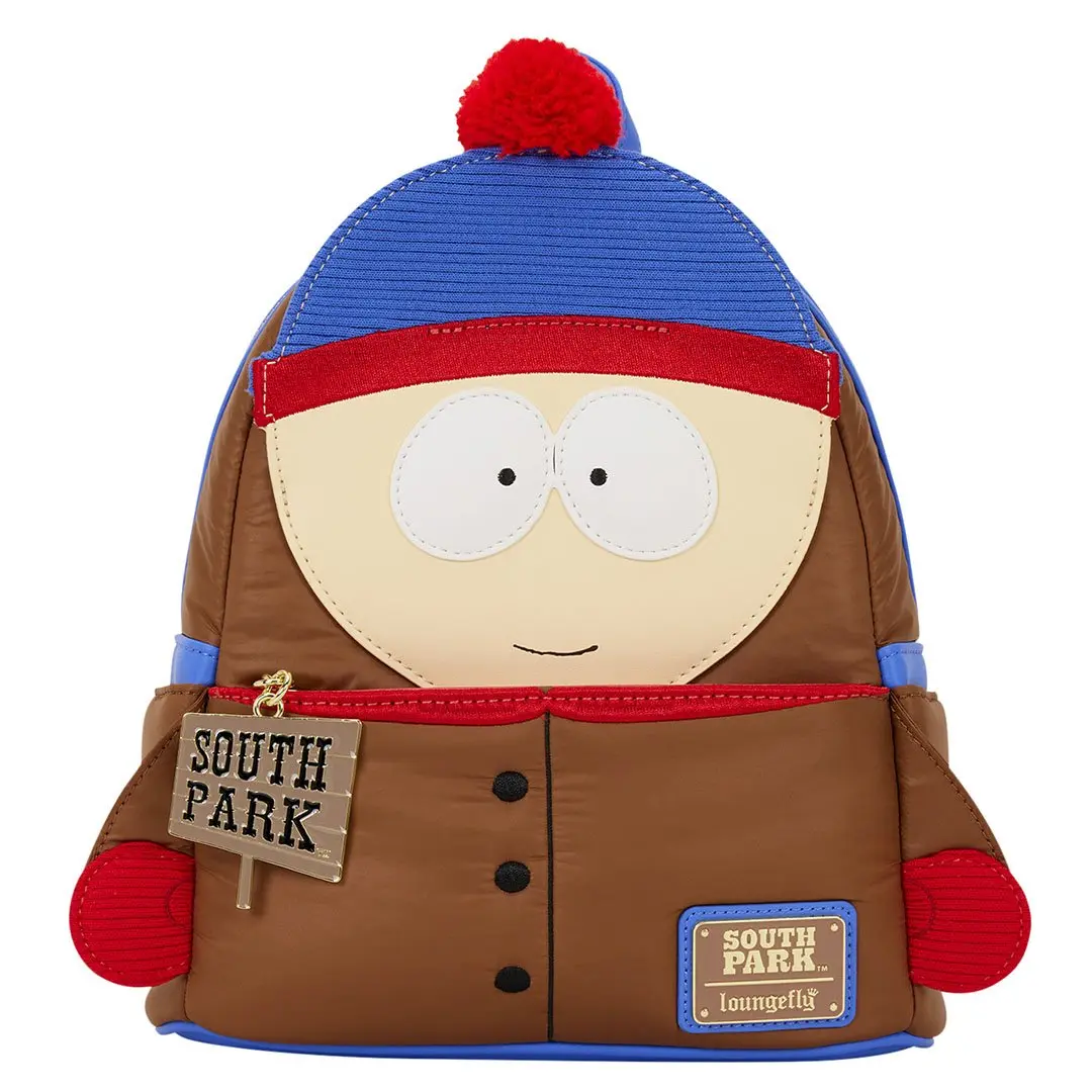 Loungefly South Park Stan Embroidered Cosplay Mini Backpack, Nylon Daypack with Adjustable Strap and Yarn Pom-Pom, Enamel, Cartoon Character, Casual, 9” W X 10.5” H X 4.5” D, Embroidery, Enamel Pin, Collectibles, Sherpa, Character Backpacks