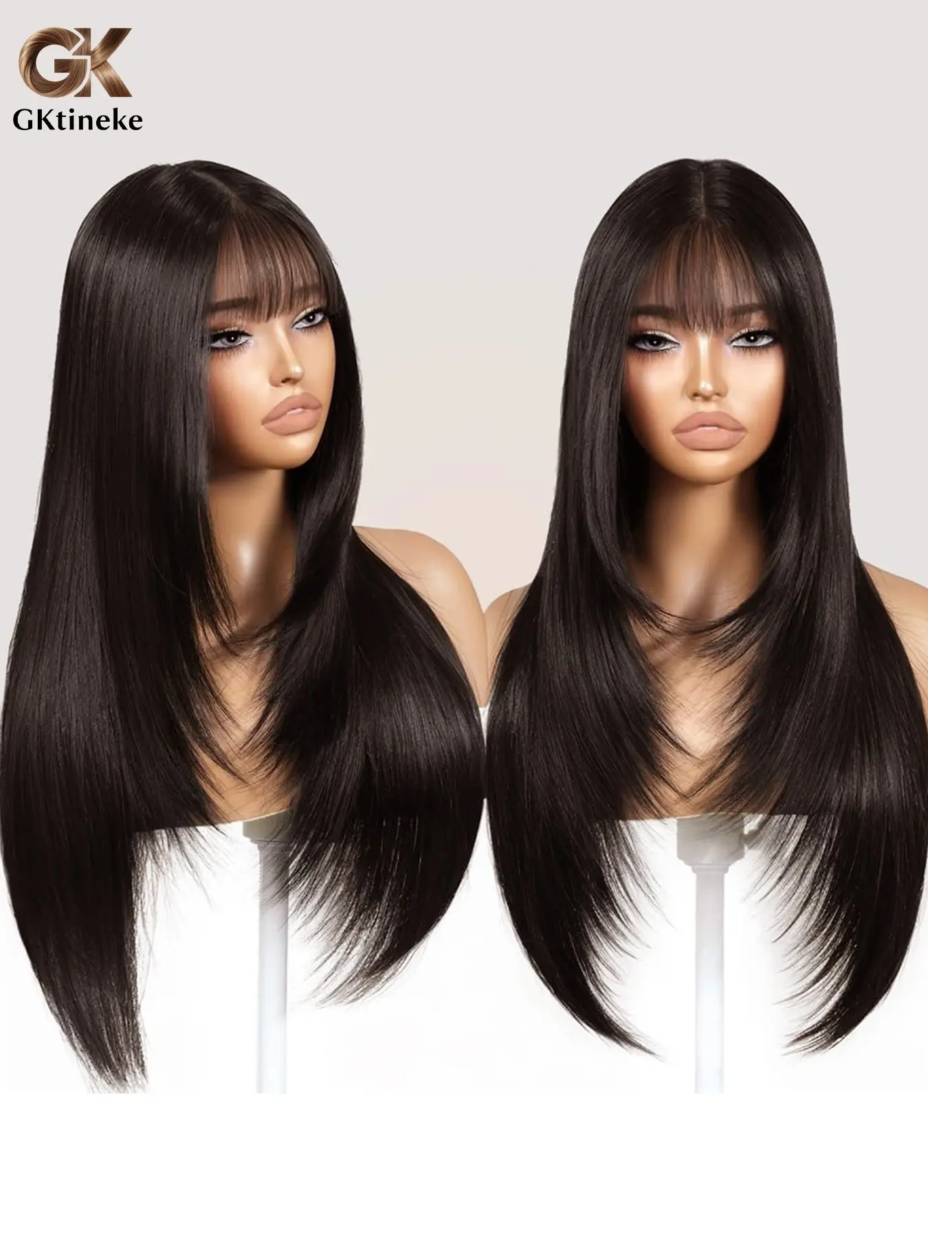 Gktineke Long straight layered synthetic wig, Straight synthetic wigs, with bangs 26-inch non-adhesive brown wig hairband for curtain bangs, realistic scalp, high-quality fibers, put on and go, suitable for all races, hairpiece, easy to wear