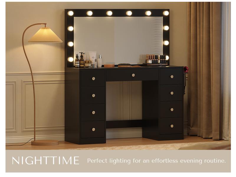[New Year Deals] Vanity Desk with Large HD Mirror ,9-Drawers Dressing Table Power Outlet,3 Color Modes,12 LED Bulbs for Girls Bedroom,Gift for Daughter Wife & Mom Girls Bedroom Essential