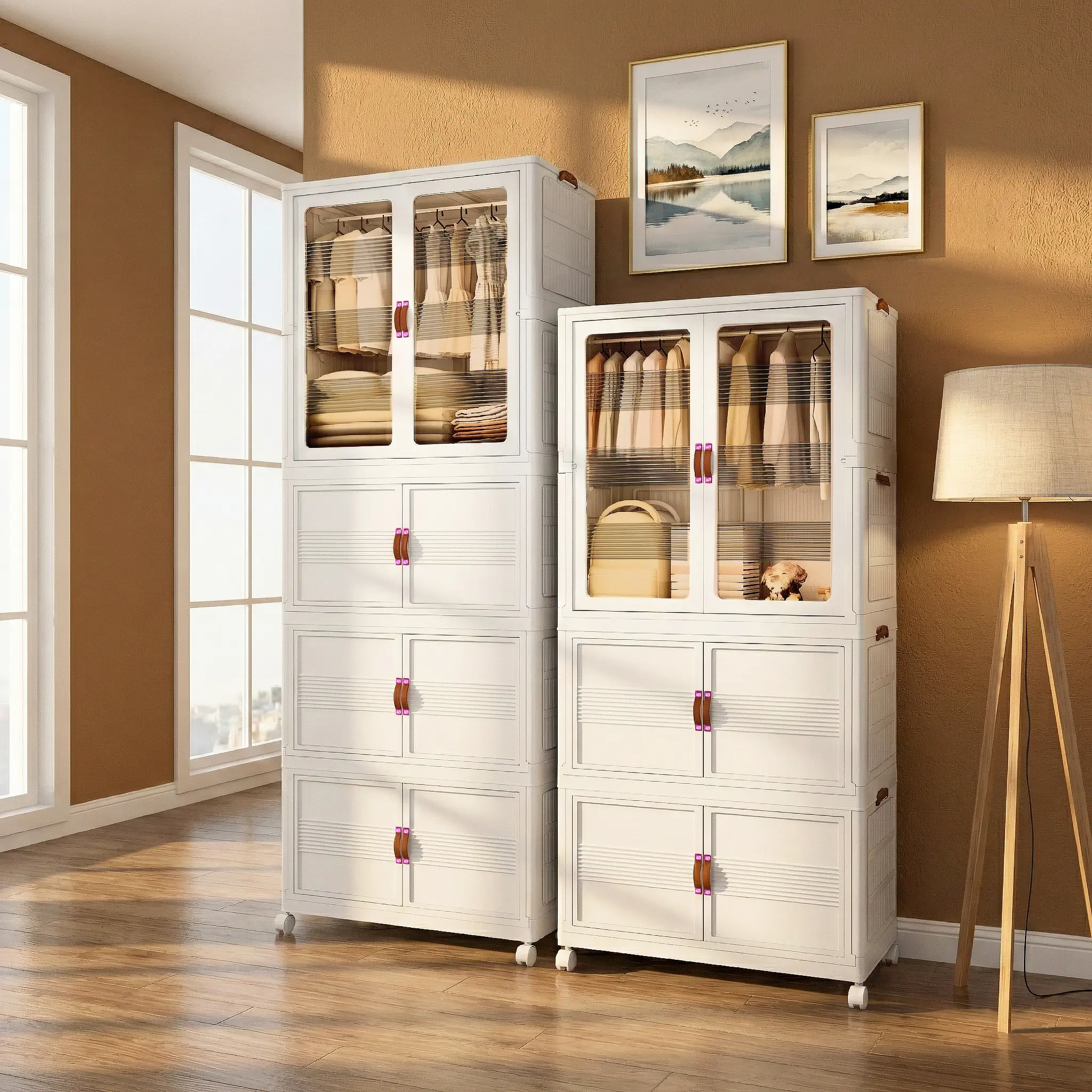 Stackable Vintage Waterproof Rectangle Plastic Storage Bins with Wheels - Eco-Friendly Folding Portable Wardrobe Armoire Closet Organizer with Magnetic Door, Storage Furniture for Closet, Office Use (Easy Installation), Portable Closet Wardrobe