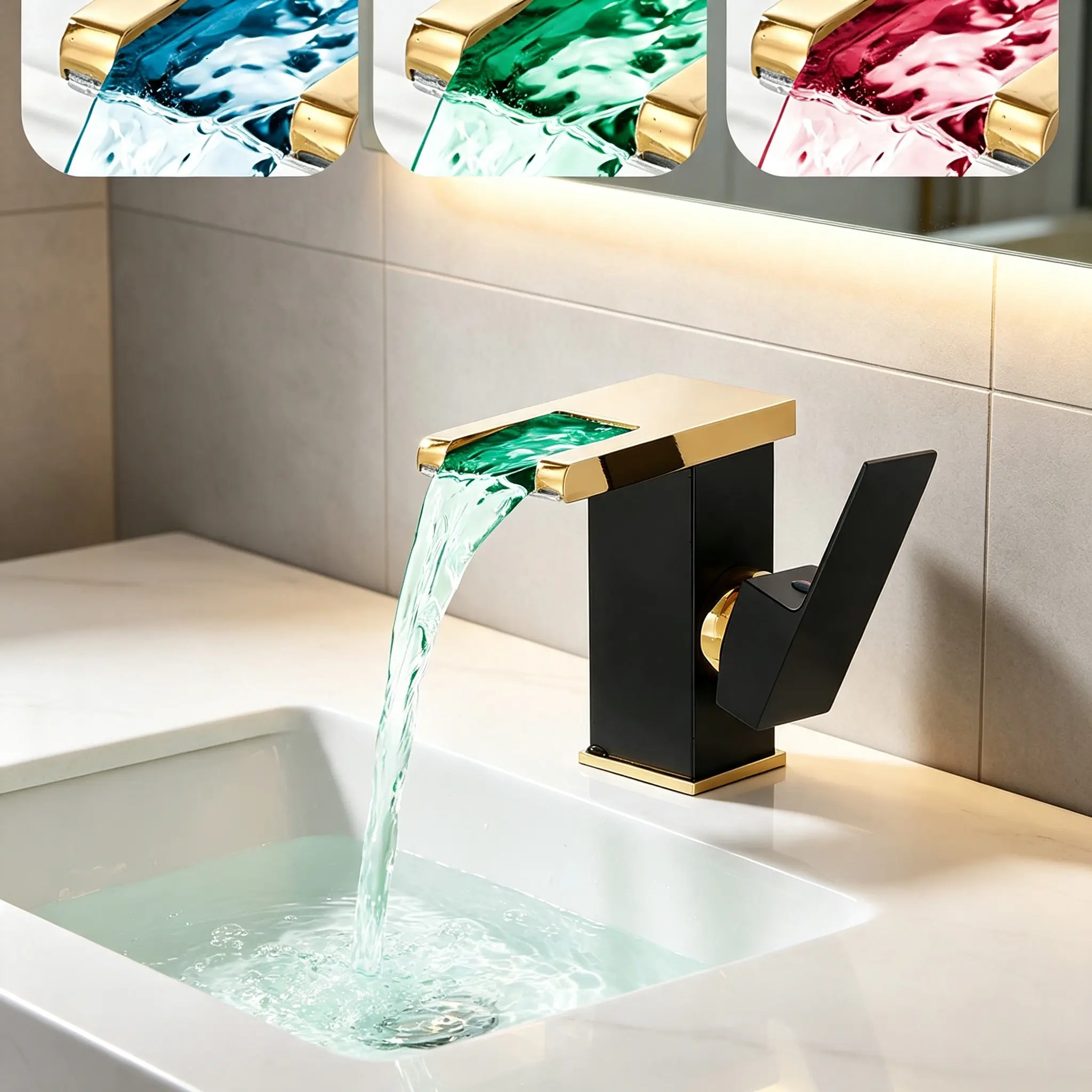 Black-Gold LED Lights Waterfall Bathroom Faucet, 3-Color Changing Spout, Single-Handle 1-Hole Deck-Mount Lavatory Vanity Sink Tap for Commercial Use