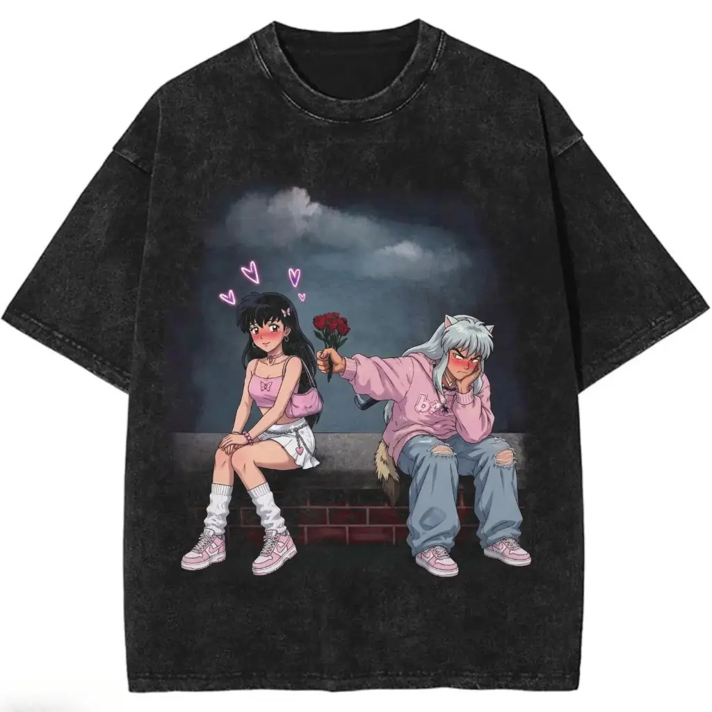 Anime Couple Shirt, Inuyasha Kagome Inspired Tee, Cute Tsundere Love Shirt, Pink Aesthetic Anime T-Shirt, Romantic Anime Couple Gift Womenswear Cotton Top Wetsuit Crewneck Crewneck Round Neck Streetwear Tshirt Wetsuit