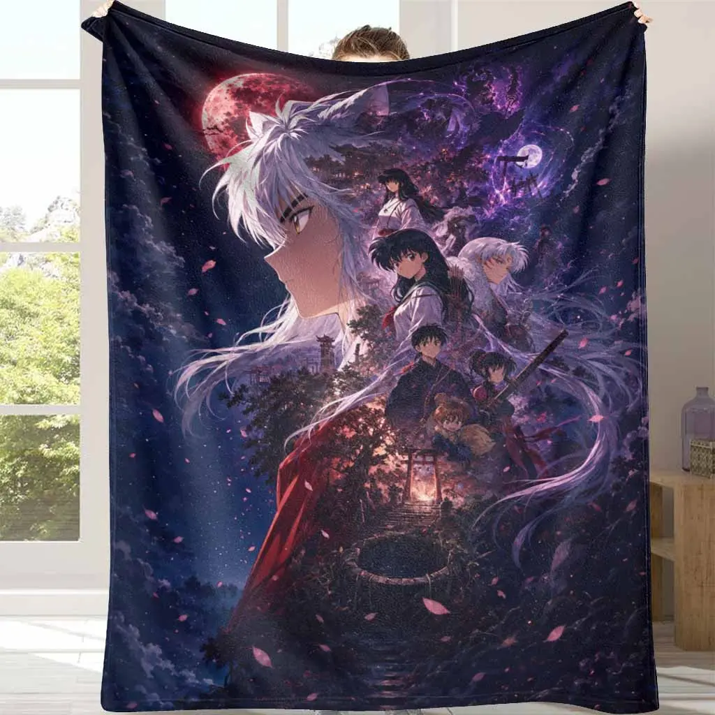 Inuyasha Print Anime Characters Fantasy Theme Flannel Fabric Blanket - Super Soft Plush, Lightweight, Breathable, Warm - Ideal for Cozy Spaces, Sofa Throw, Travel Gift