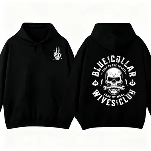 Blue-collar Bold Skull Graphic Hoodie with Wrench & Skeleton Hand Peace Sign Perfect for Women Supporting Hardworking Men Unisex Streetwear Apparel Made in The USA Long Sleeve Casual Sweatshirts Pullover Tee summervibes
