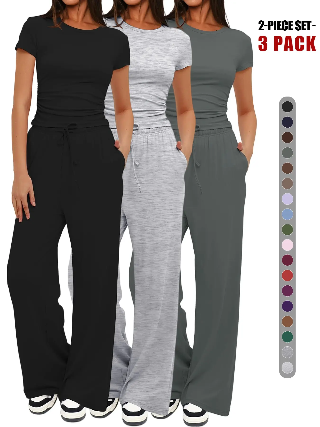 Women's 2-Piece Spring/Summer Basic Ruched Casual Everyday Set, Round Neck Short Sleeve Top & Drawstring Wide Leg Pants, Slim Fit Home Wear, Womenswear