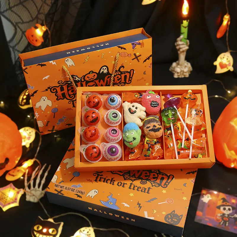 Halloween Mixed Candy Gift Box Set - 8.57 Oz, 33-Count Spooky Treats with 4D Lollipops, Marshmallows, Gummies, Ghost/Pumpkin/Bat Designs for Kids, Gift-Givers