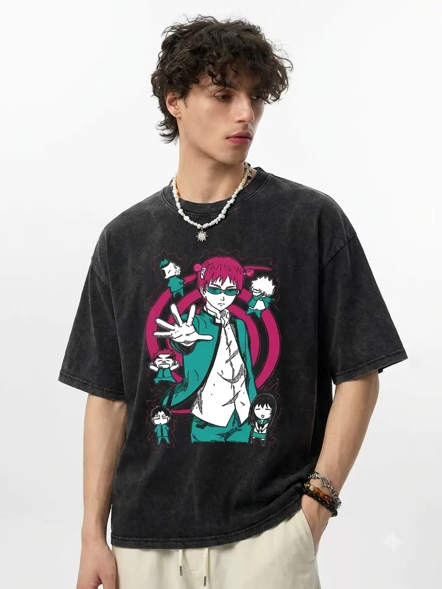 Saiki K.: Saiki Kusuo & Psychic Spiral Washed Oversized T-Shirt, Heavyweight 230GSM Premium Cotton Oversized Shirt, Anime Streetwear