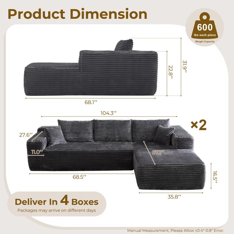 【4 Packages Shipping】Ovios 104" Plush Corduroy Cloud Velvet Modular Couch with Chaise Living Room Sofa Set, No Assembly Required - L-Shaped Sectional Sofa Set with Flexible Configuration - 6 Seater