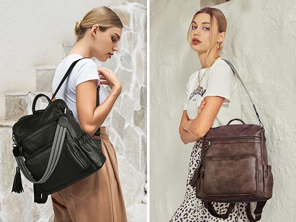 [Valentine's Day Gift] BOSTANTEN Backpack for Women Leather Womens Backpack Purse 2PCS Laptop Backpack Large Ladies Shoulder Bags with Wristlet