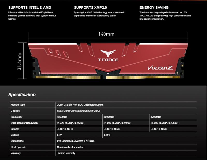 Team T-FORCE VULCAN Z 32GB (2 x 16GB) 288-Pin PC RAM DDR4 3200 (PC4 25600) Desktop Memory Model TLZGD432G3200HC16FDC01