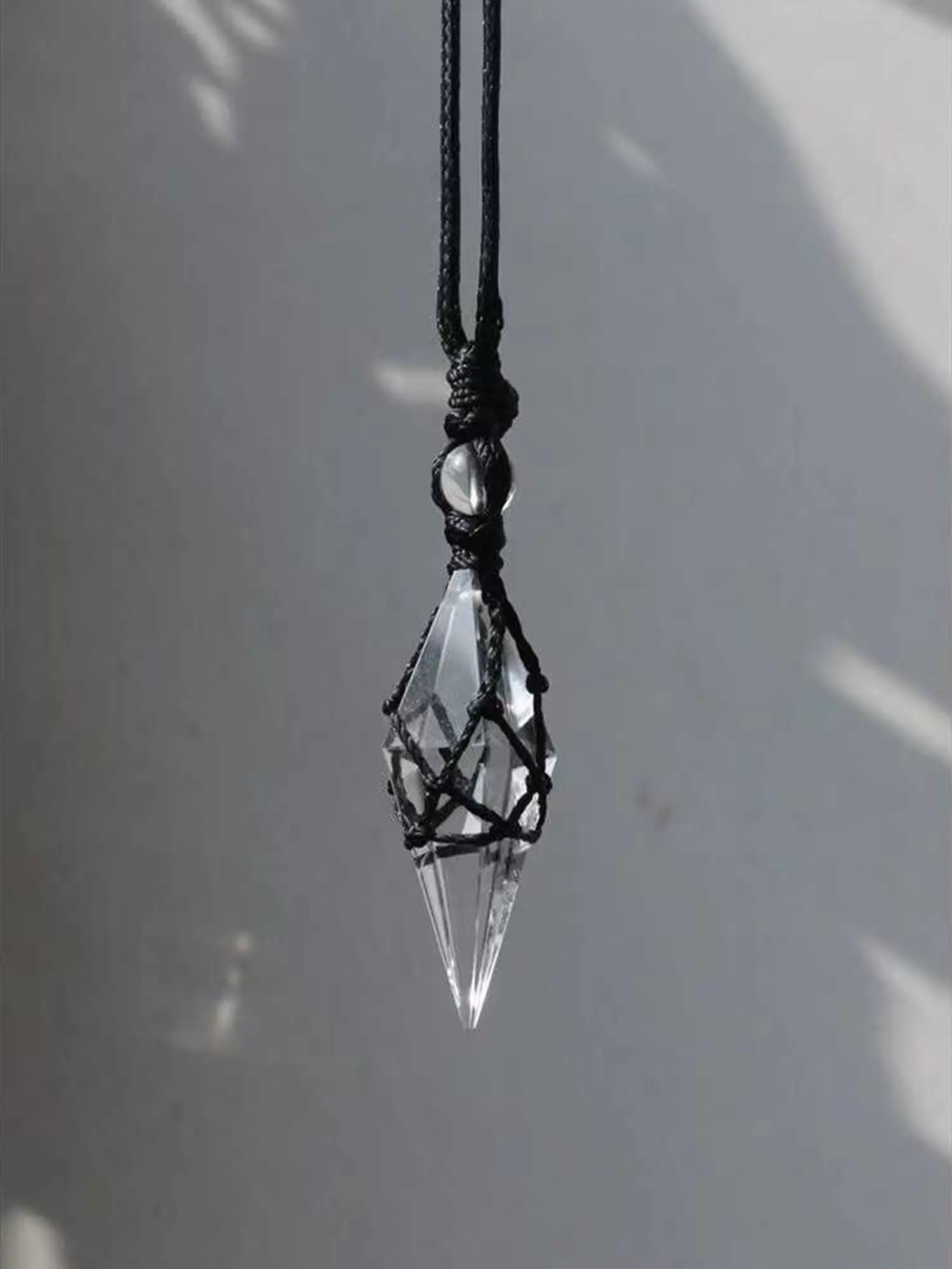 Handwoven Black Macrame Clear Quartz Pendulum Necklace, Natural Faceted Crystal Point Pendant, Boho Divination Healing Jewelry, Adjustable Cord Necklace for Spiritual Practice & Everyday Wear, Crystal Jewelry Gift