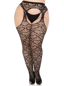 Leg Avenue Amore Plus Heart Net Suspender Pantyhose - Breathable Fabric, Garter Belt Design, Crotchless Style, Ultra Soft & Stretchy, Women's Lingerie Stockings
