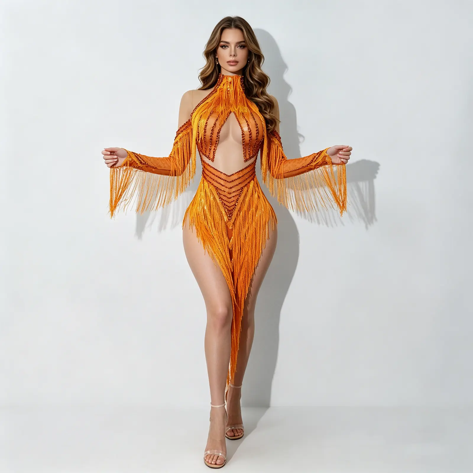 Women's Stretchy Orange Nylon Fabric Rhinestone Fringe Cutout Bodycon Dress - Off-Shoulder, Long-Sleeve, High Neck, Sparkly Hip Outfit for Latin Dance Performances, Formal Stage Costumes