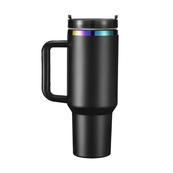 40oz Stainless Steel Vacuum Flask Tumbler - Portable Flask Bottle with Removable Handle, Silicone Straw, Engravable Engraved Option, Iridescent White-to-Silver Finish