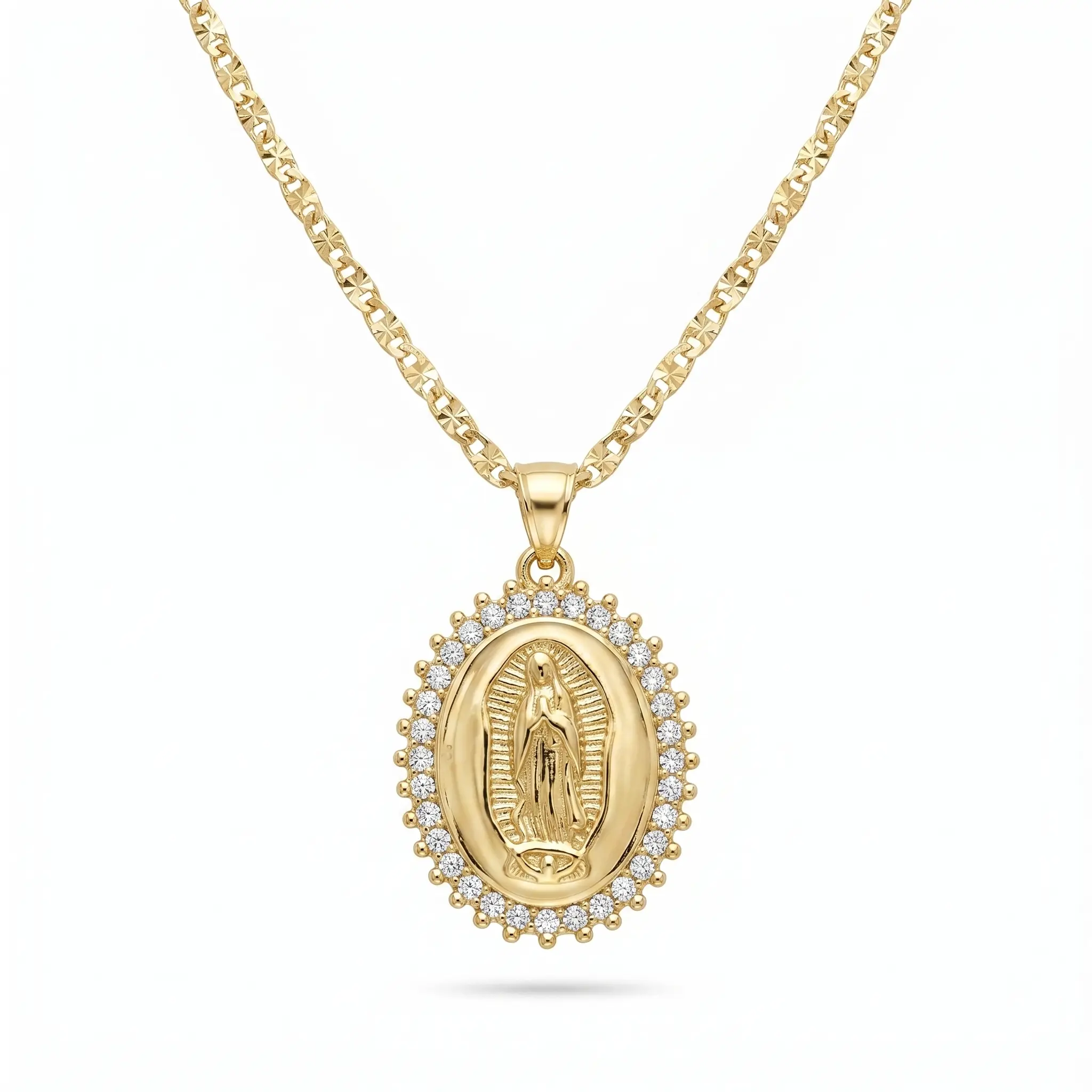 14K Gold Plated Necklace for Women and Men Our Lady of Guadalupe Iced CZ Halo Virgin Mary Pendant, Religious Faith Jewelry, Ideal Baptism & Confirmation Gift