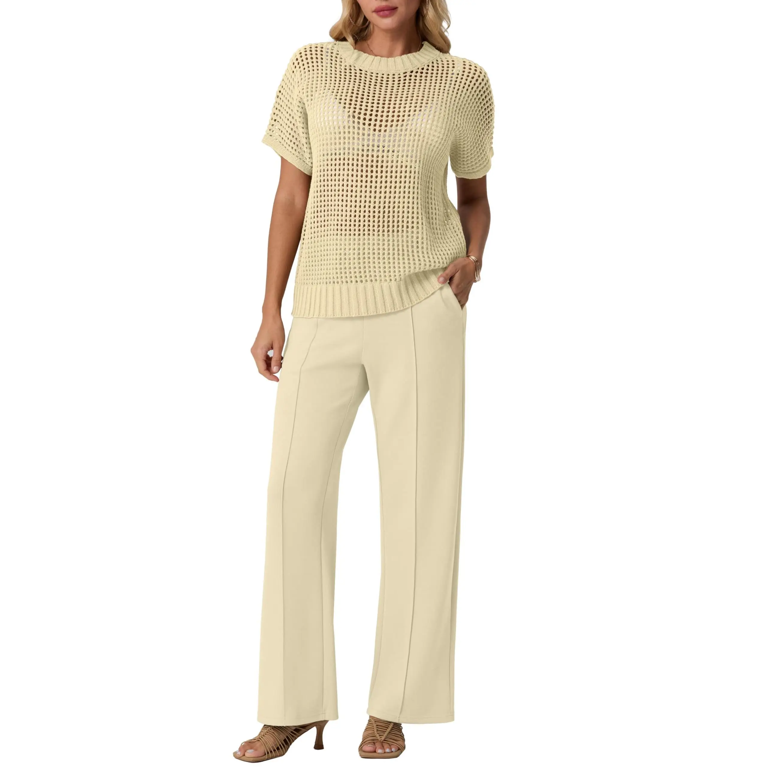 GRECERELLE 2026 Women 2 Piece Sets Crochet Sheer Knit Sweater Top & Wide Leg Pants Lounge Travel Matching Outfits Clothes