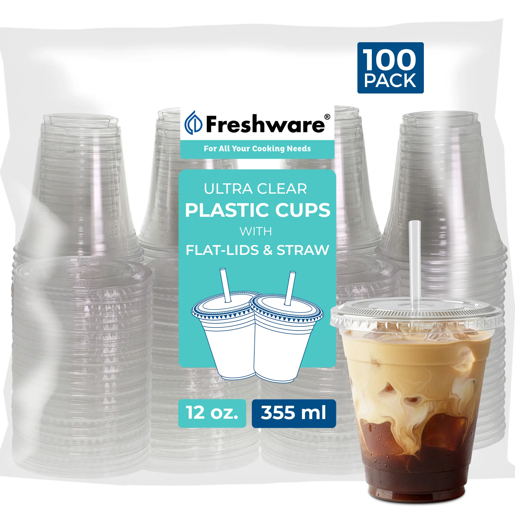 FRESHWARE 12 fl. oz Disposable Drink Cups - High-Quality Transparent Heavy-Duty BPA-Free & Odor-Free Crack-Resistant Eco-Friendly 100-Pack with Colorful Lids & Straws for Birthday, Halloween, Iced Coffee