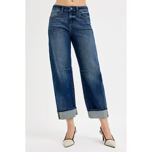 RISEN Slouchy Cropped Barrel Cuffed Jeans in Dark Wash PGC21232