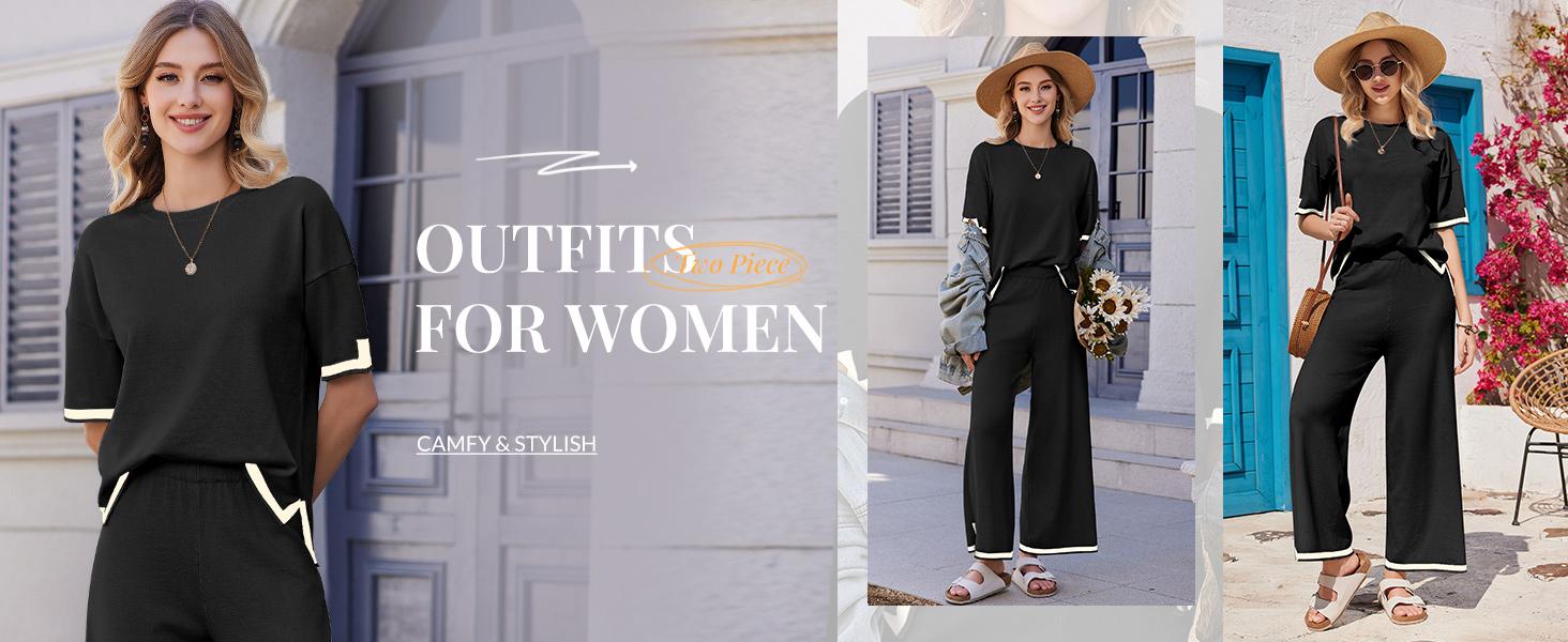 Ekouaer Women's 2-Piece Knit Pajama Set - Short Sleeve Top, Wide Leg Pants with Pockets, Elegant Soft Comfortable Fashion Loungewear