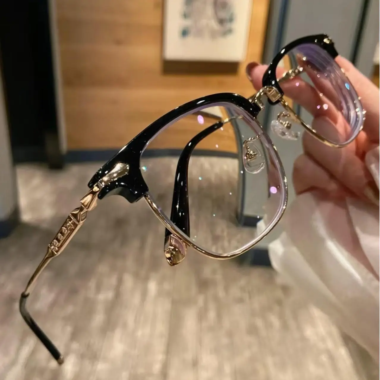 Gothic Luxury Browline Blue Light Blocking Glasses, Handcrafted Vintage Cross Carved Frames, Elegant Semi-Rimless Computer Glasses for Women, Retro Aesthetic Fashion Eyewear，Stylish Clear Lens Eyeglasses for Office Work. Premium Lightweight Optical Frame