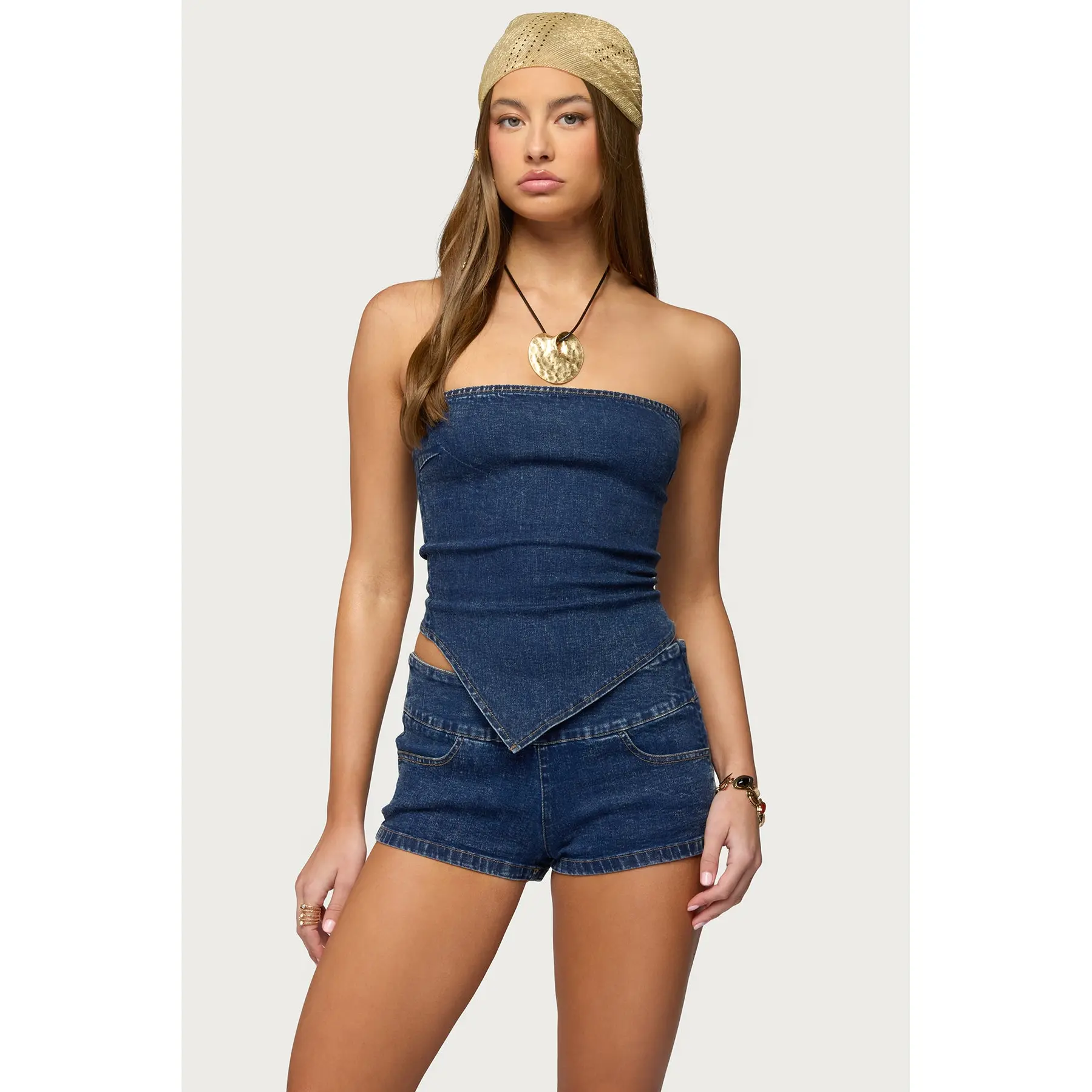 Zaida Asymmetric Denim Strapless Top