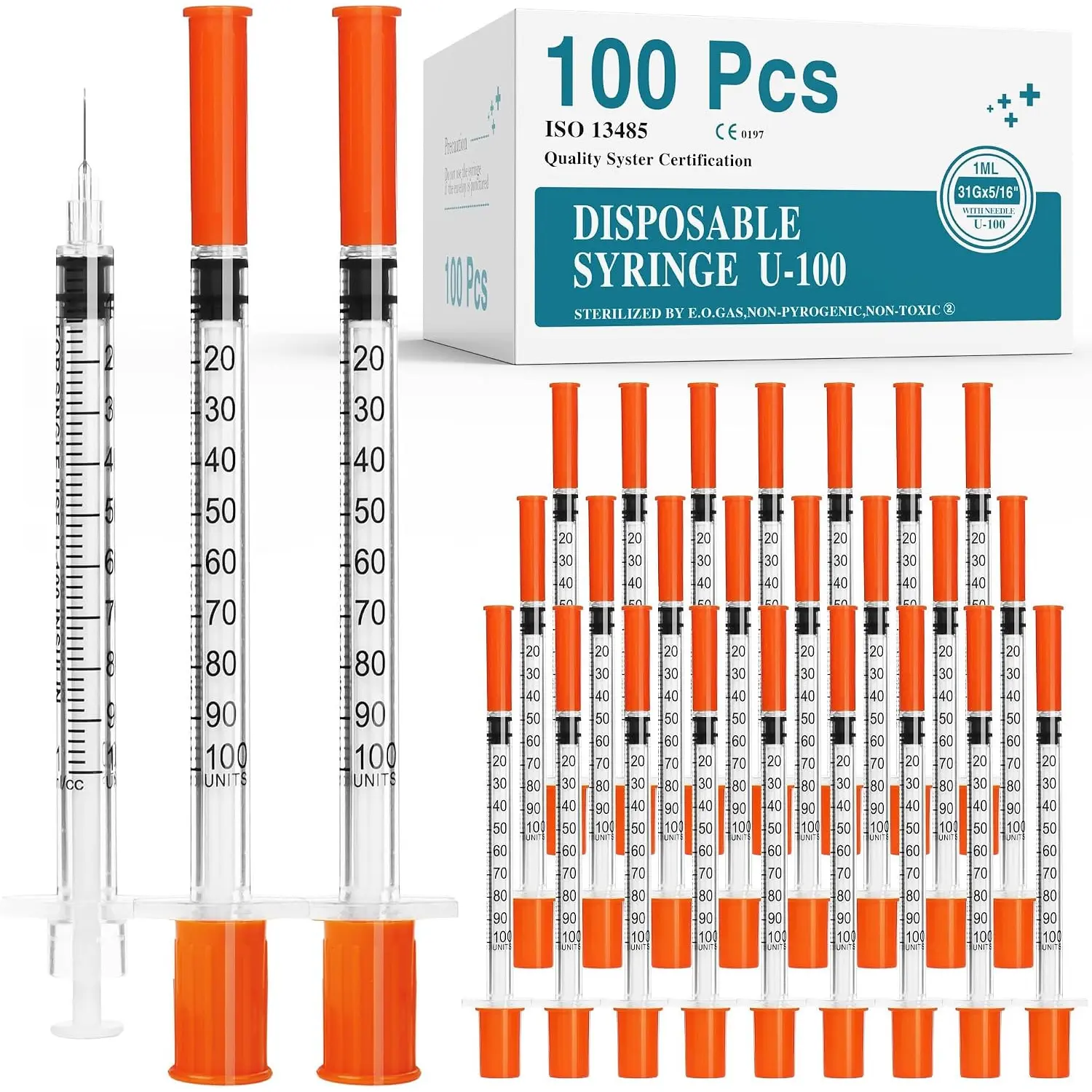 U-100 syringes with needle - 1ml 31G ( 31 gauge ) 5/16 inch syringe with needles scale in 100 units , 1 ml / 1cc Pack of 100 ( 100Pack )