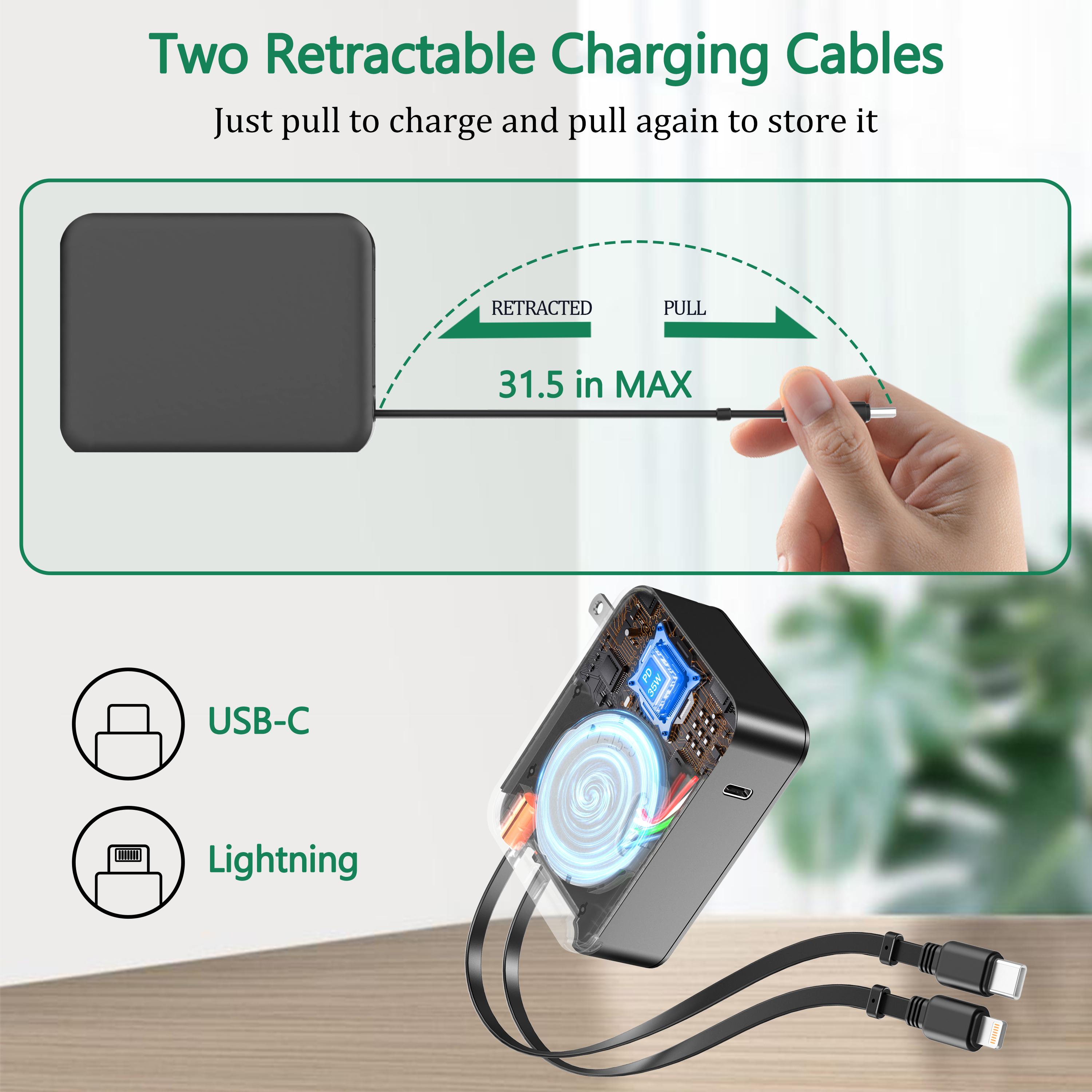 35W Retractable Wall Charger with Dual Cables & 3-Port USB Hub, Fast Charging for iPhone 16/15/14/13/12/11, iPad, Tablets, LG, Samsung & More